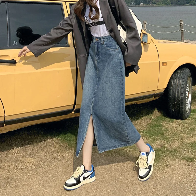 Ženy to-Line Sukne Streetwear Voľné Ležérne Džínsy Lete kórejský Štýl Vysoký Pás Sexy Split Blue Denim Sukne Ženské Oblečenie