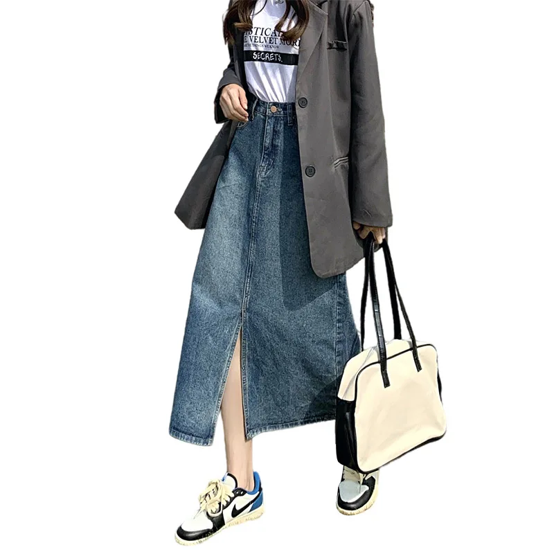 Ženy to-Line Sukne Streetwear Voľné Ležérne Džínsy Lete kórejský Štýl Vysoký Pás Sexy Split Blue Denim Sukne Ženské Oblečenie