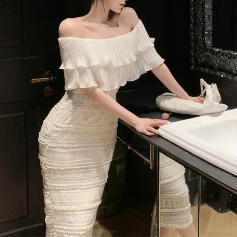 Ženy Asummer 2023 kórejský Štýl Tesný-Krátke rukávy Retro Lomka Krku Biele Šaty na Tenké Dlhé Šaty
