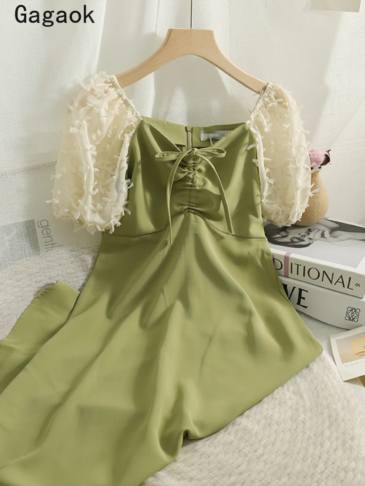 Gagaok Šaty Žien 2022 Lete Nové tvaru Lístkového Rukáv STRAPEC Patchwork Vintage Midi Šaty Slim kórejský Módny, Elegantný Vestidos