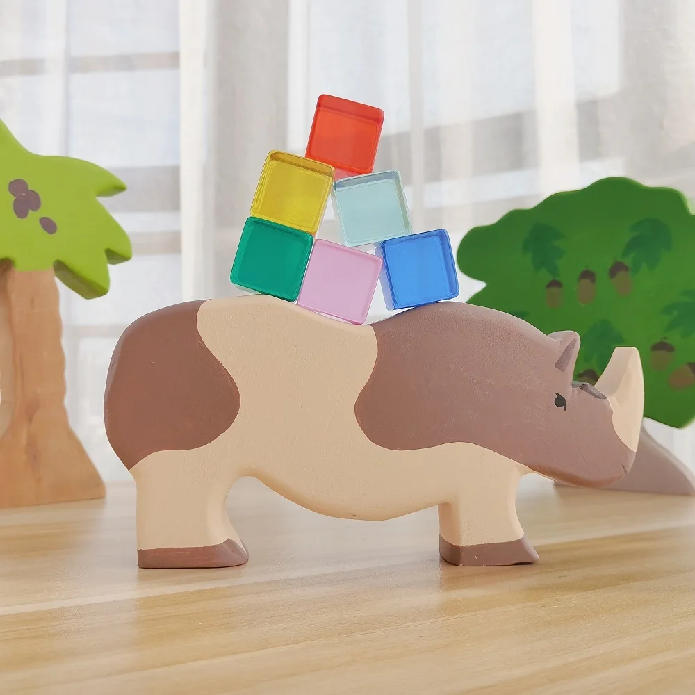 Rhino Drevené Prírodné Montessori Ručné Obrázok Veľké Zvieratá Handcarft Hračky Pre Deti Zvierat Poznanie Skoro Vzdelávacie Hračka