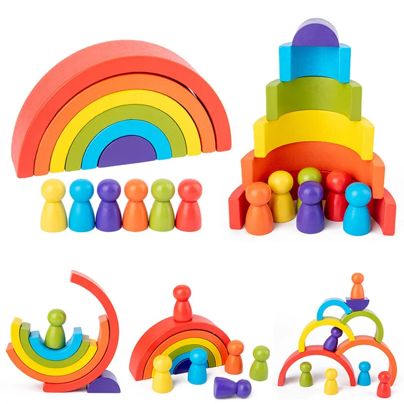 Rainbow Montessori Drevené Hračky pre Deti na Skladanie Blok Hračka Bloky Okrúhly Tvar Konštrukcie Veže Deti Vzdelávacieho Hračka