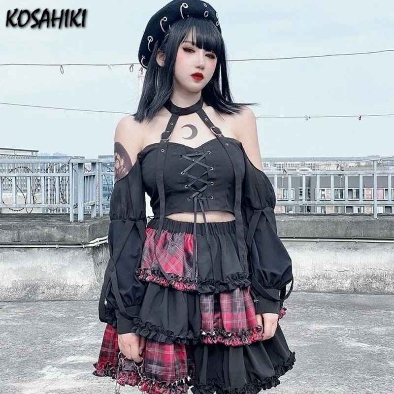 KOSAHIKI Čierny Kockovaný Goth Skladaná Sukňa Žena Gotický Punk Harajuku EGirl Mini Sukne Lolita Víla Grunge Mozaika Alt Oblečenie