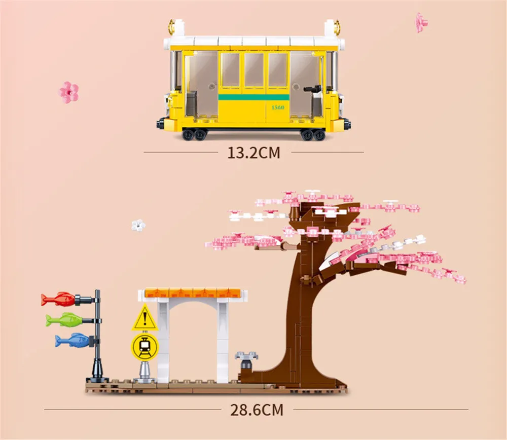 2022 Mesto Tvorivosti Japonský Street View Čerešňové Kvety Mesta Električkou Model Stavebné Kamene, Tehly Hračky Vianoce, Narodeninové Darčeky