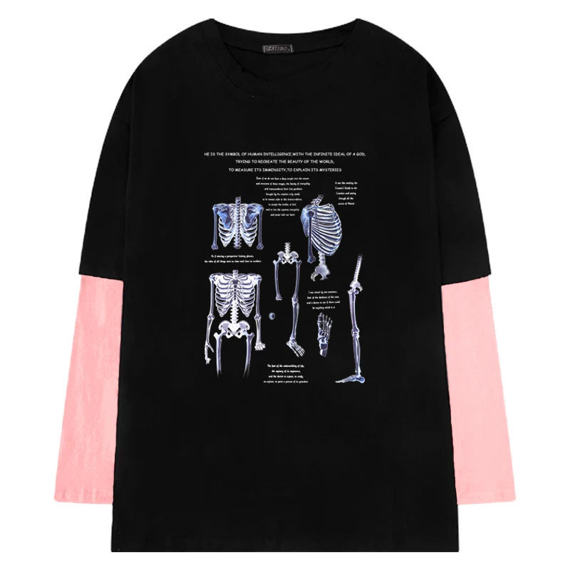 Nový Hip hop Kostra Vytlačené Dlhý Rukáv T-shirts Muži Ženy False Dva Kusy Bavlnené Tričko Unisex Topy Streetwear Oblečenie pre Mužov