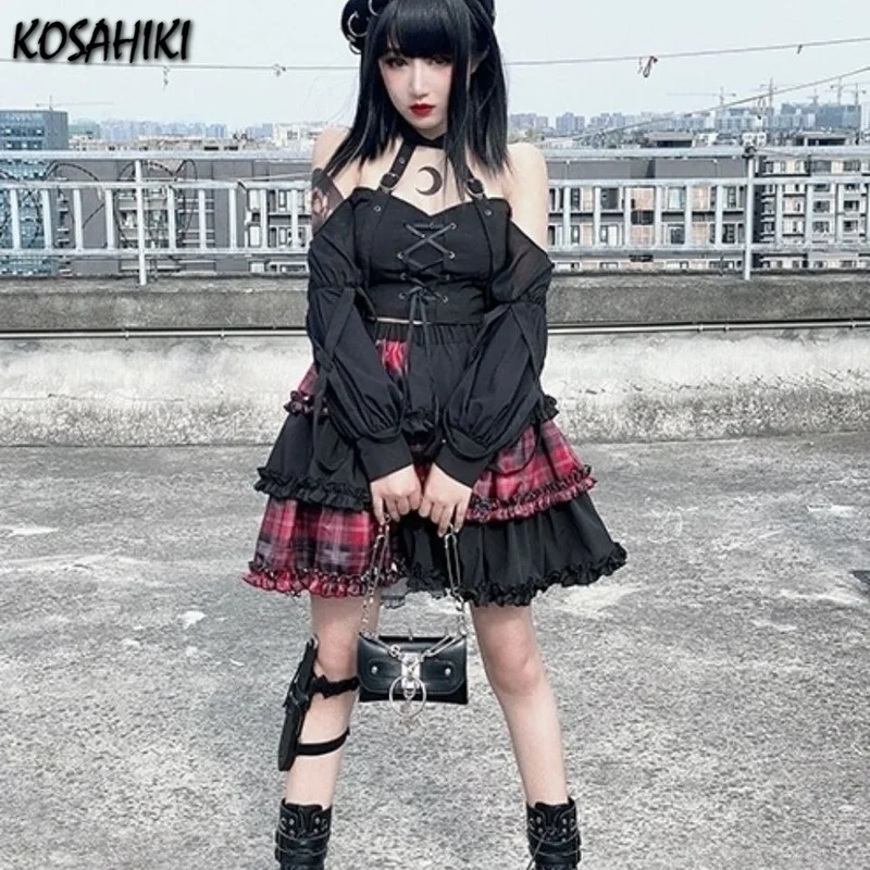 KOSAHIKI Čierny Kockovaný Goth Skladaná Sukňa Žena Gotický Punk Harajuku EGirl Mini Sukne Lolita Víla Grunge Mozaika Alt Oblečenie